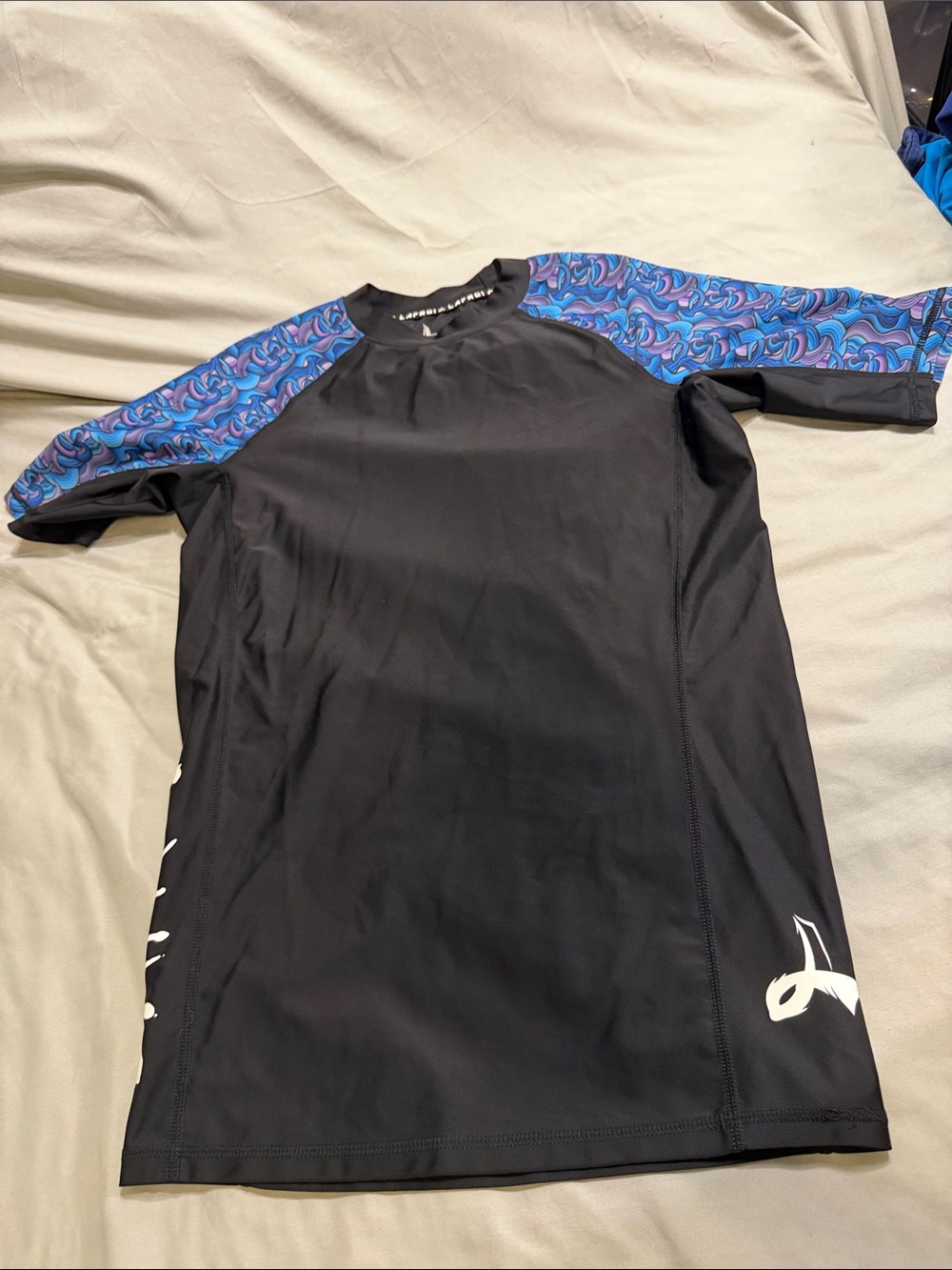 Men's Black Rash Guard with Blue Patterned Raglan Sleeves